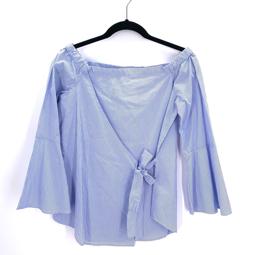 Thread & Supply Off the Shoulder Front Tie Top Blue White Stripe Size Small